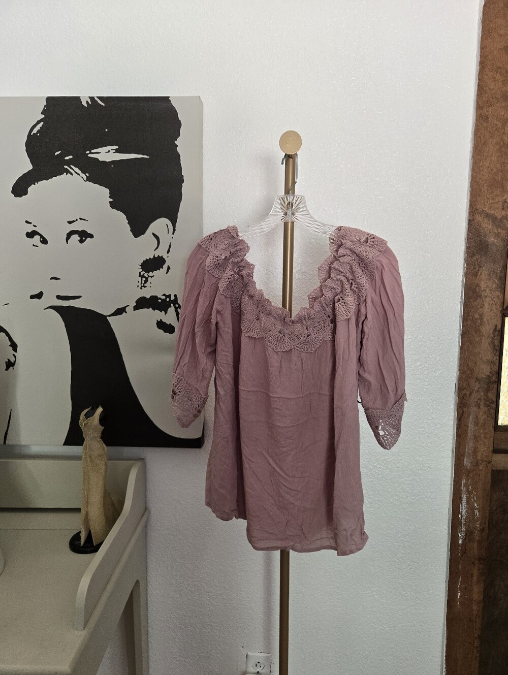 NWT Womens Haute Monde Lace-Trim Peasant Top Color Pink Size Large